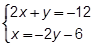 open brace 2 x plus y equals negative 12, x = negative 2 y minus 6